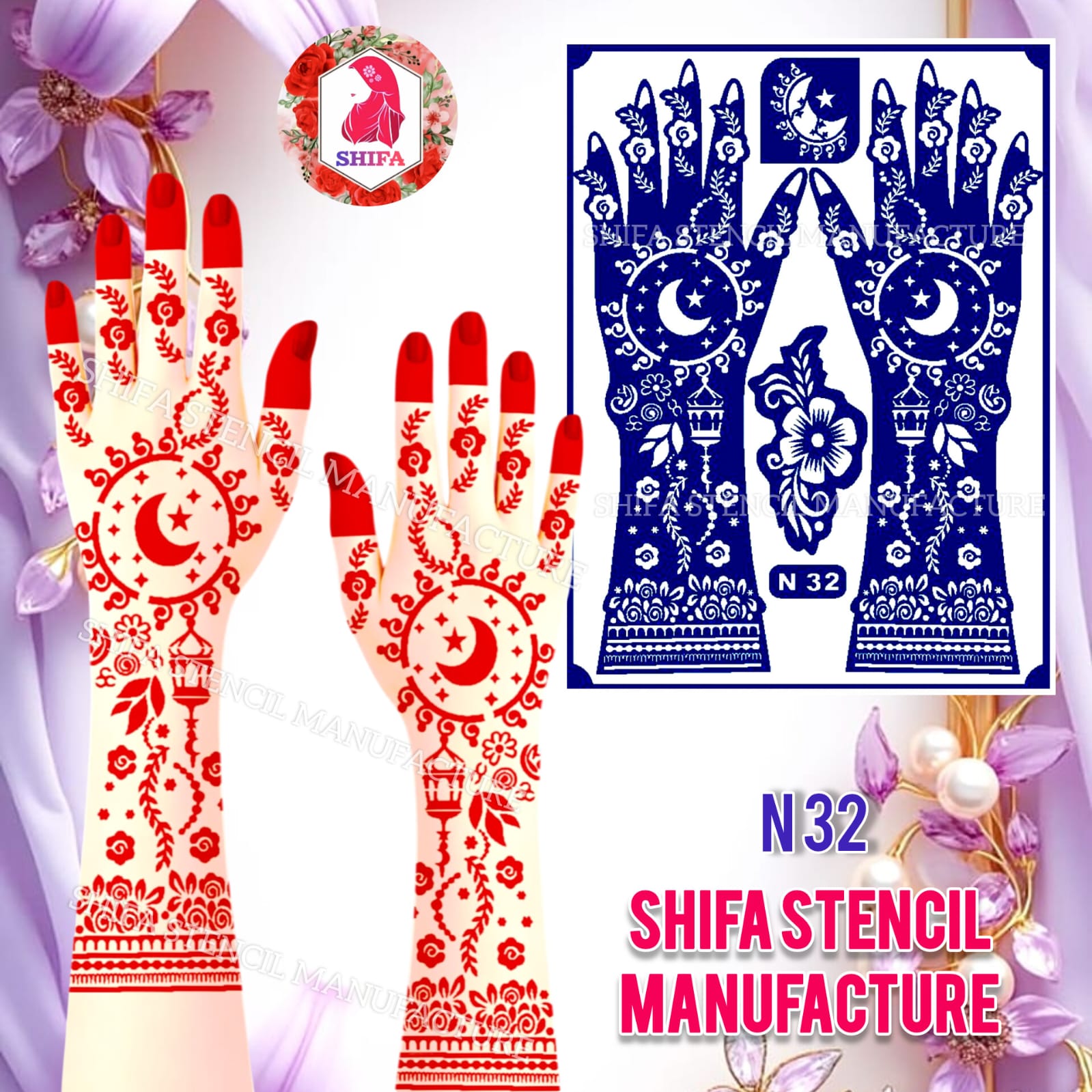 N 32 Midnight Lantern Bloom - Sticker Overview - Shifa Stencil Manufacturer